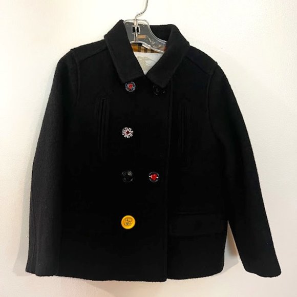 Burberry Kids Navy Blue Wool Pea Coat with Painted Buttons